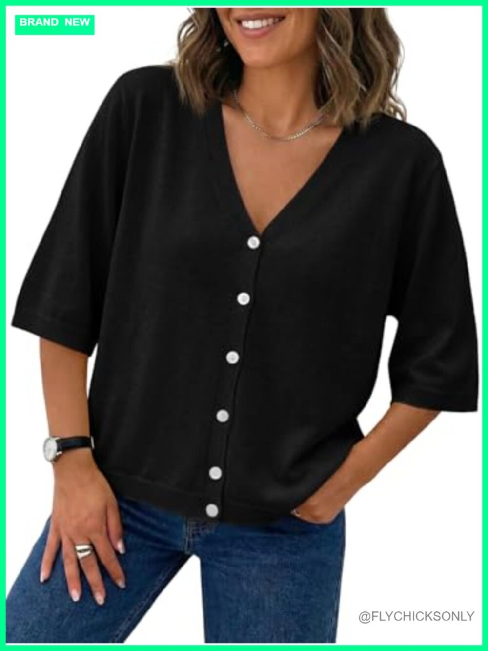 Womens Lightweight V Neck Half Short Sleeve Cardigan Button Down Knit Sweater